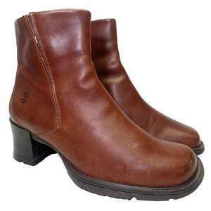 Timberland Boots Women 9 Pull On Block Heel Brown Leather Zip Ankle Booties Fall